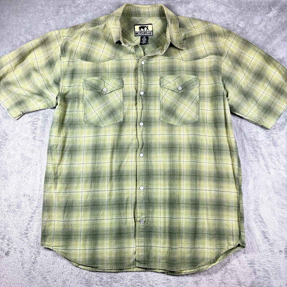 Western Trails Green Plaid Pearl Snap Shirt Mens XL Short Sleeve‎ Western
